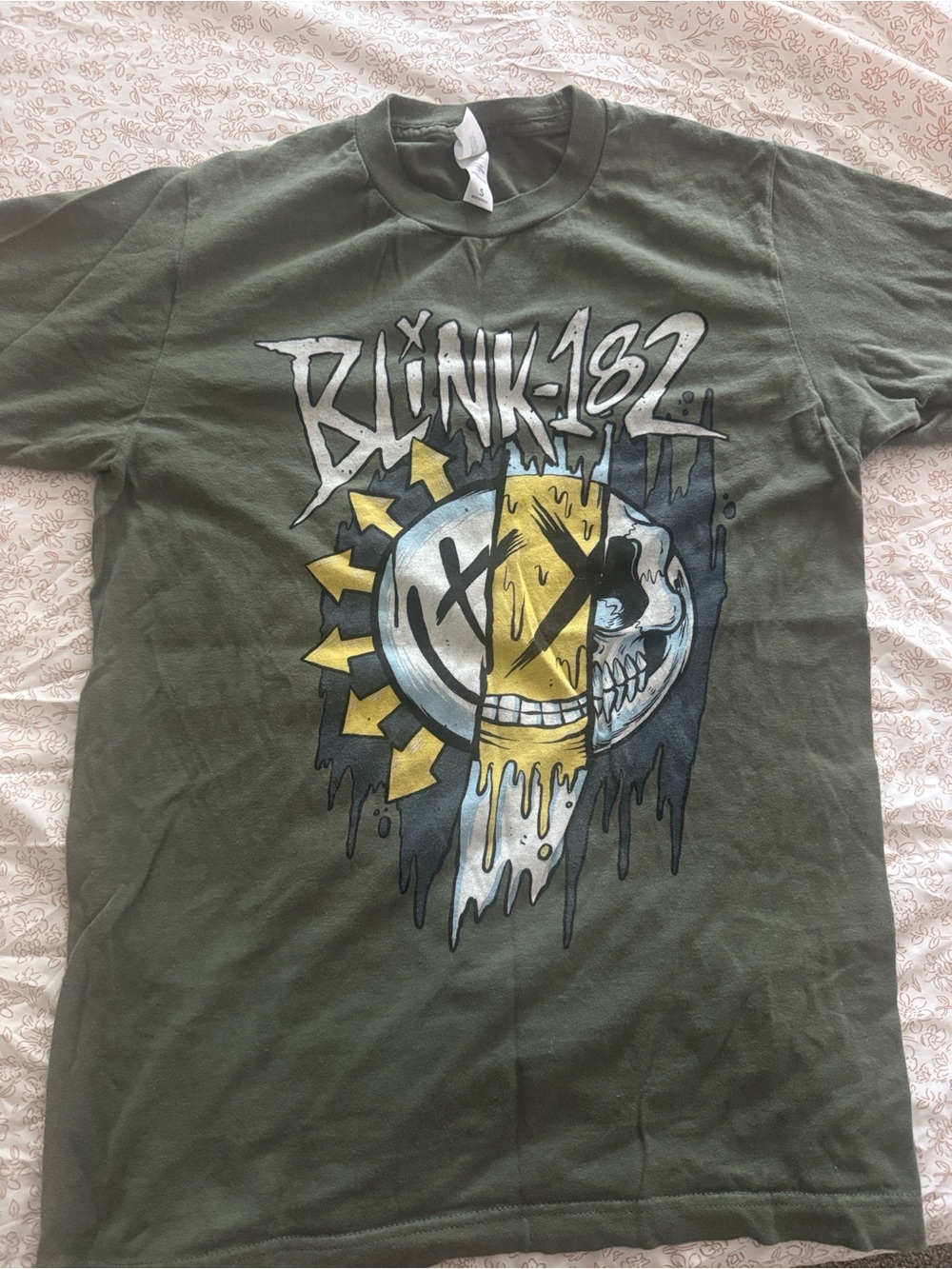 Tultex Olive Green Blink-182 Drip Skull Graphic Tee